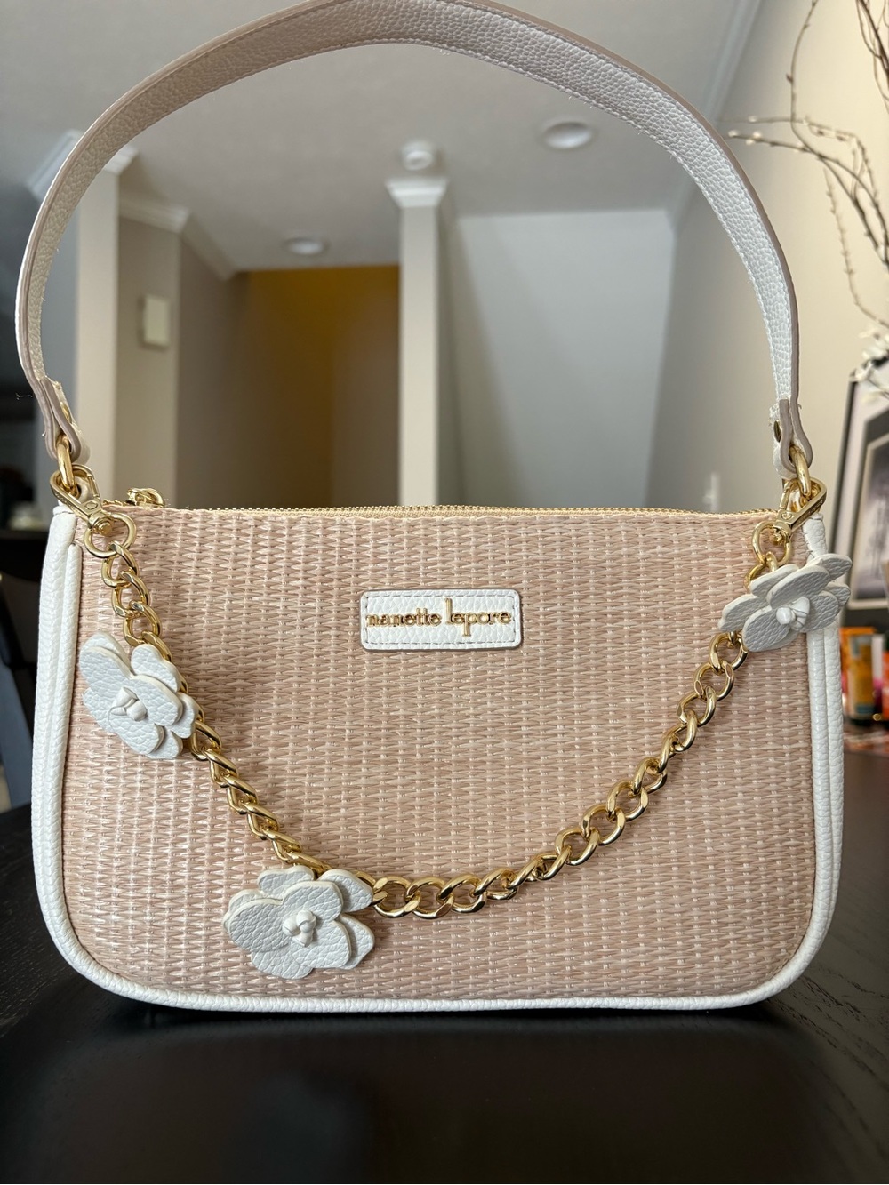 Nanette Lepore Woven Shoulder Bag with White Flowers and Gold Chain